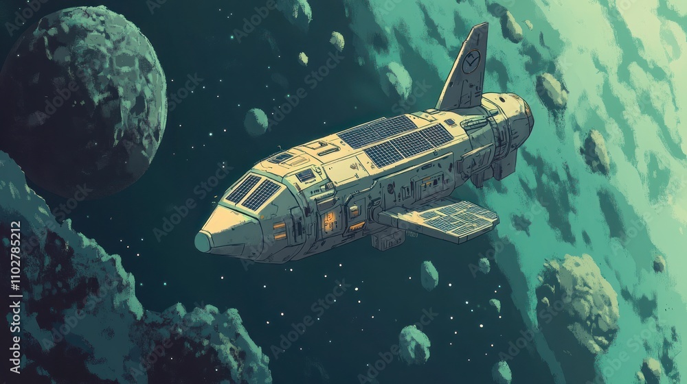 Poster a futuristic spaceship navigating through an asteroid field in space.