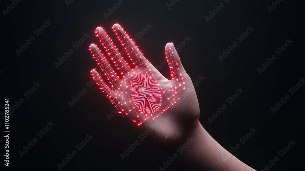 Poster 3d render of hand displaying glowing red biometric fingerprint, symbolizing advanced technology and 