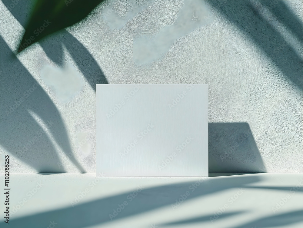Poster a minimalist scene featuring a blank white card on a textured surface, illuminated by soft shadows f