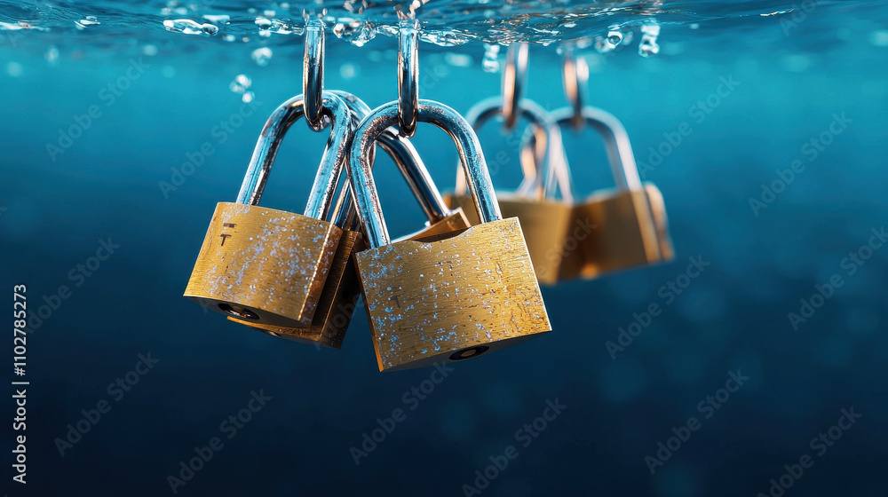 Poster hanging padlocks submerged underwater symbolize security and protection. image captures essence of r