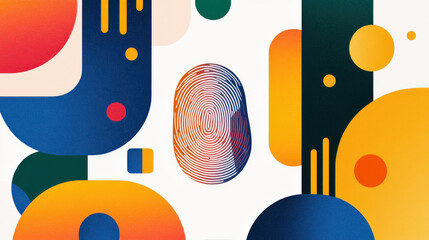 Obraz premium Colorful vector illustration featuring fingerprint surrounded by abstract shapes and vibrant colors, symbolizing digital identity and security