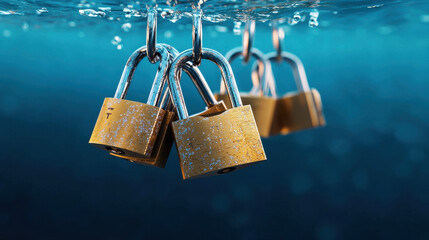 Hanging padlocks submerged underwater symbolize security and protection. image captures essence of resilience and safety in unique aquatic setting, evoking sense of mystery