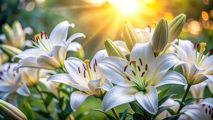 Fototapeta premium White lilies, a fragrant display, ideal for copy.