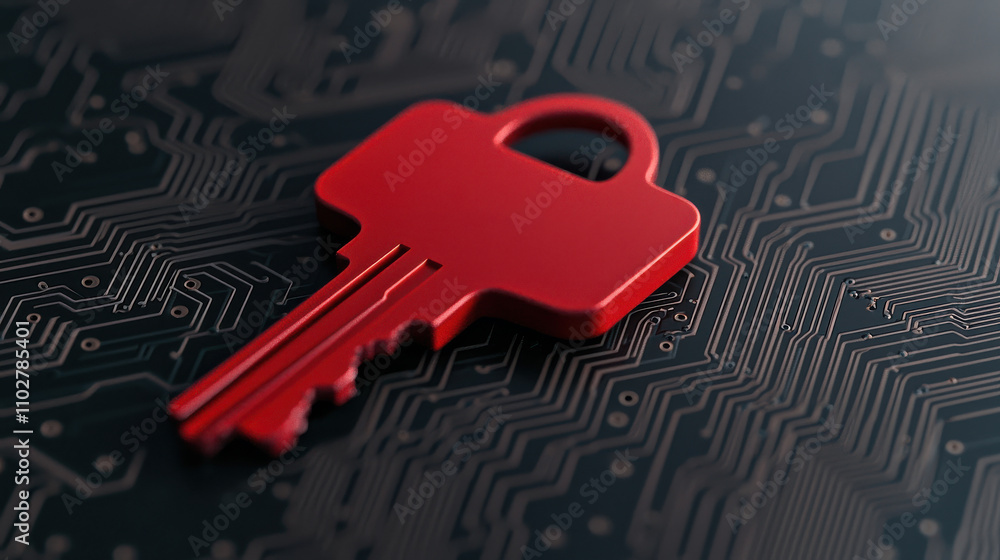 Poster red key on dark gray and black circuit board background symbolizes security and technology. this str