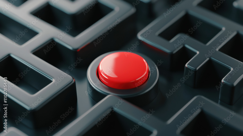 Poster 3d render of black maze featuring prominent red button at its center, symbolizing point of decision 