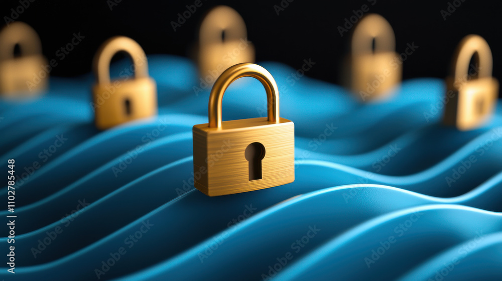 Poster golden padlocks float on blue wavy surface, symbolizing security and protection. serene waves create