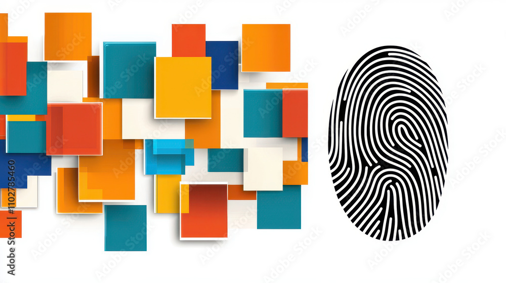 Poster single black and white fingerprint stands out against abstract background of colorful squares, creat
