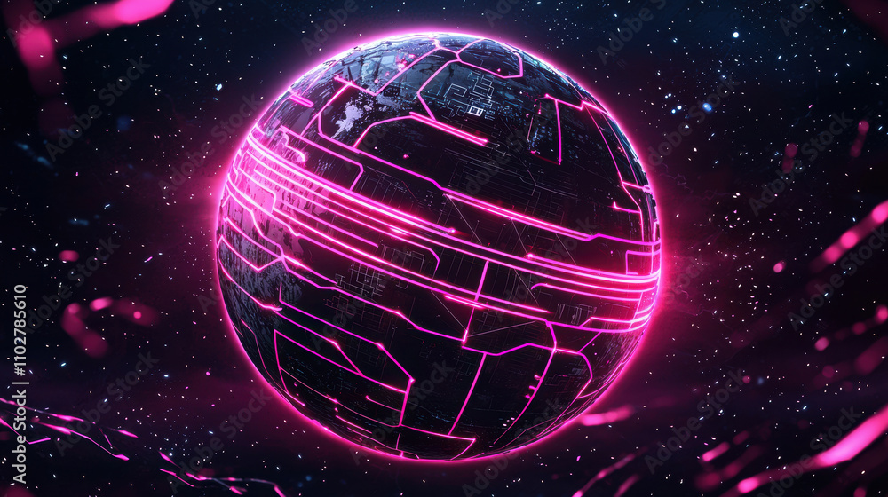 Poster futuristic digital sphere with glowing pink lines in space, showcasing advanced technology and abstr