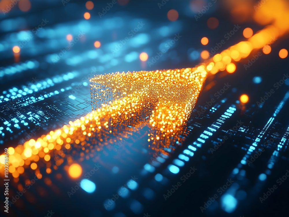 Poster a glowing arrow composed of particles points forward against a backdrop of digital data, symbolizing