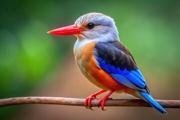 Fototapeta premium With a blurry backdrop, the grey-headed kingfisher is captured in exquisite detail, perched on a branch in a high depth of field image.