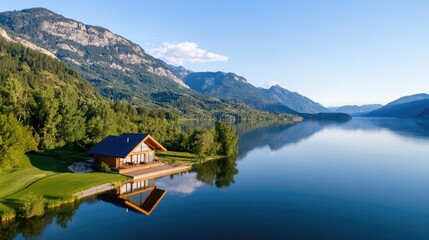 Scenic Lakeside Retreat Surrounded by majestic Mountains and Lush Greenery, Capturing the Essence of Peaceful Nature and Tranquil Landscapes in a Breathtaking Setting