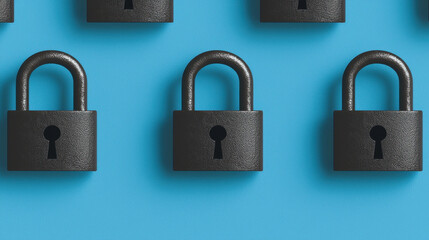 Naklejka premium Black padlocks arranged on vibrant blue background create striking visual pattern, symbolizing security and protection