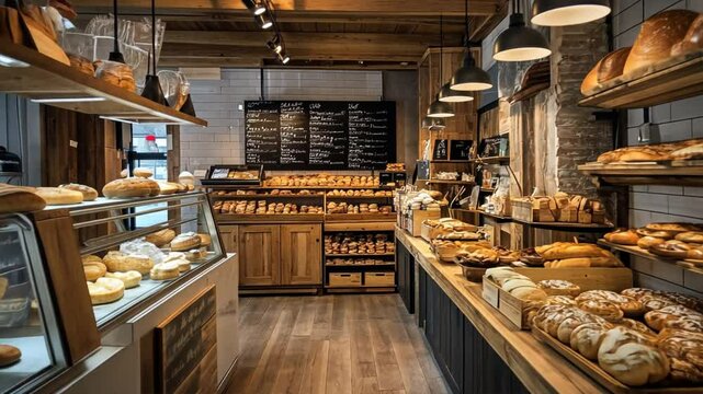 A bakery with a large display case and a chalkboard menu