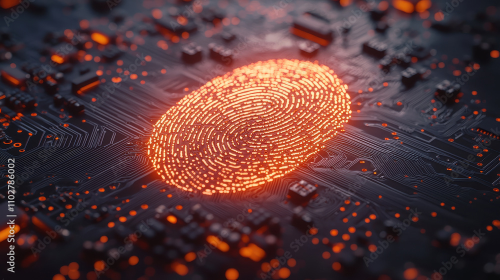 Poster digital fingerprint glowing on circuit board, symbolizing security and technology. intricate design 