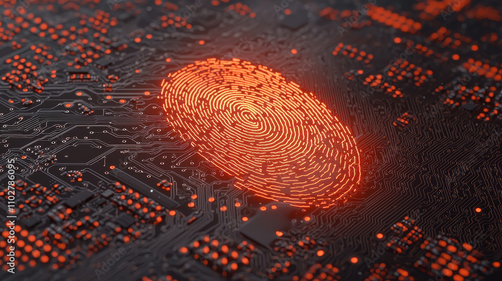 Poster digital fingerprint on circuit board with orange highlights, symbolizing technology and security. th