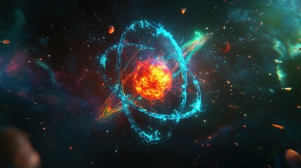 Obraz premium A vibrant depiction of an atom surrounded by cosmic elements, symbolizing energy and science.