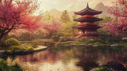 Obraz premium traditional japanese pagoda and zen garden, cherry blossoms in bloom, serene atmosphere, soft daylight