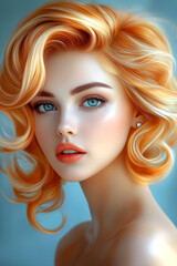 Fototapeta premium A woman with blonde hair and blue eyes is wearing red lipstick. She has a very pretty and attractive face