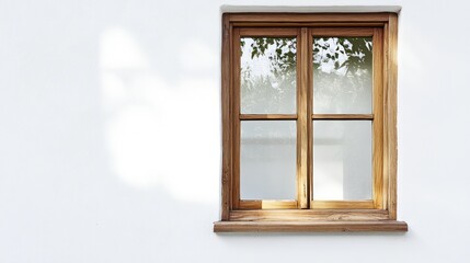 A wooden-framed window set against a white wall, inviting natural light.
