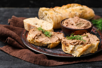 Plate with toasts, bowl of tasty pate and dill, closeup