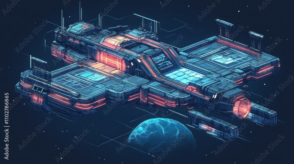 Poster a futuristic spaceship design in space, showcasing advanced technology and structure.