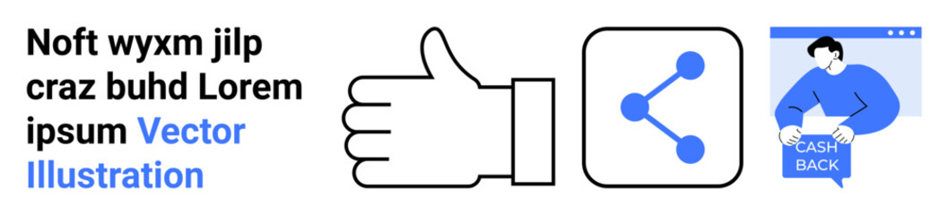 Thumbs up symbol, share icon, and individual with cash back sign. Ideal for marketing, social media, finance, e-commerce, customer feedback, online promotions, content sharing. Landing page
