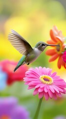 Fototapeta premium A vibrant hummingbird feeding on colorful flowers in a lush garden.