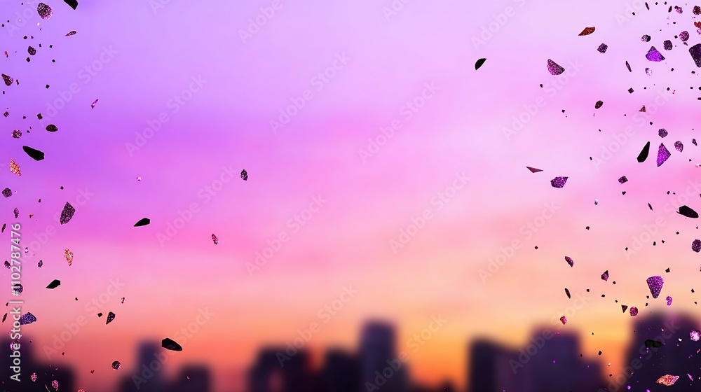 Poster abstract composition with colorful shards and a vibrant sunset background, creating a dreamy atmosph