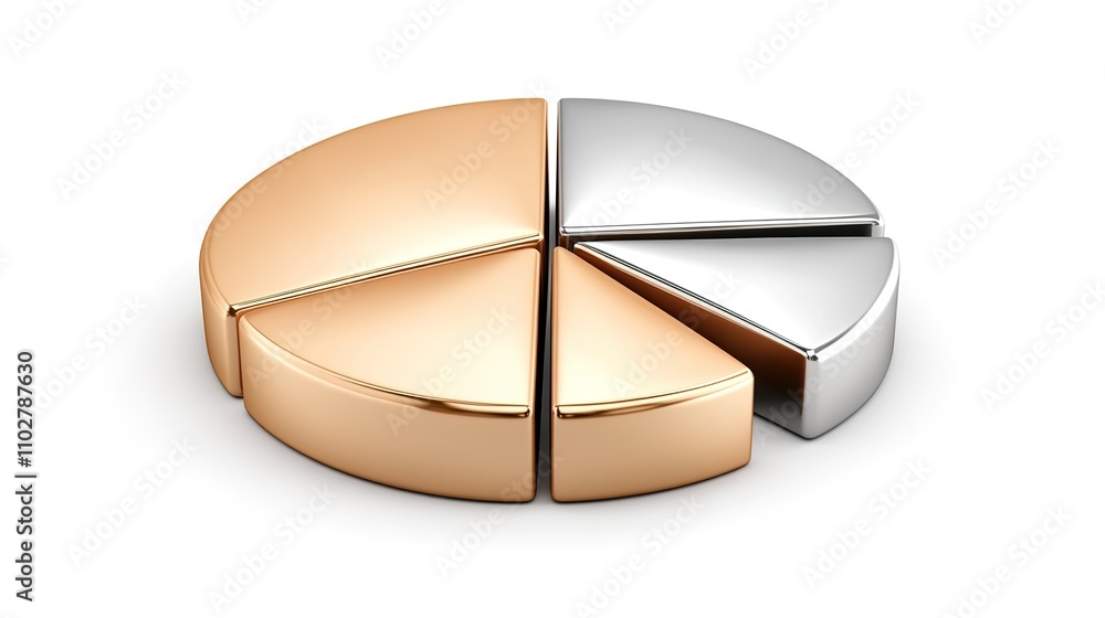 Poster glossy metallic pie chart segments on white background representing business data and analytical res