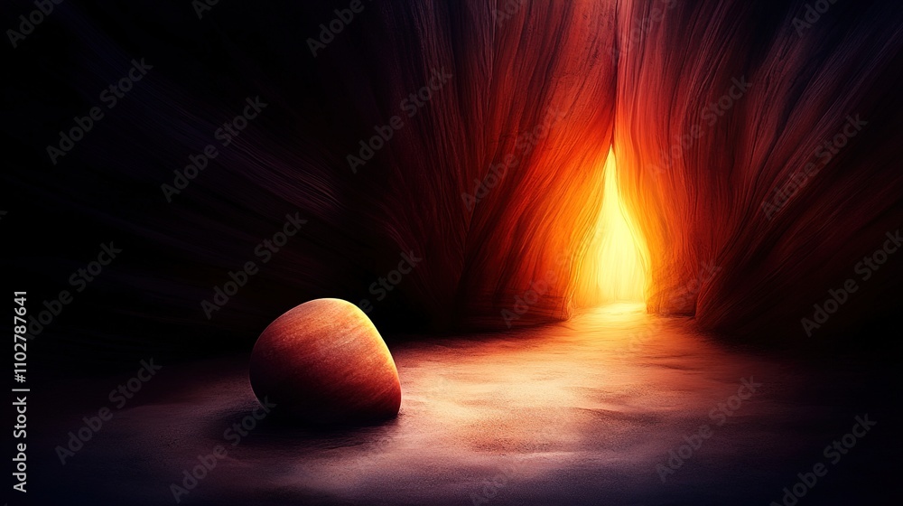 Poster mystical cave entrance with glowing light illuminating the interior and a single round object restin
