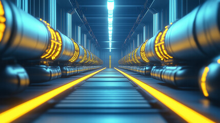 Futuristic corridor with glowing pipes and yellow lights