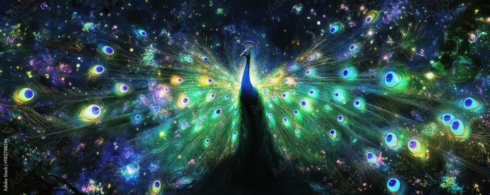 Poster surreal peacock with colorful feathers in dreamy setting