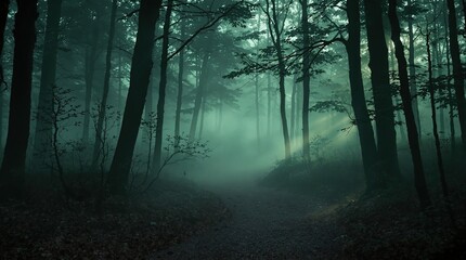 Obraz premium A misty fog rises from a dimly lit forest floor on a cold winter morning, foggy conditions, cold weather effects, early morning atmosphere, natural ambiance, misty morning