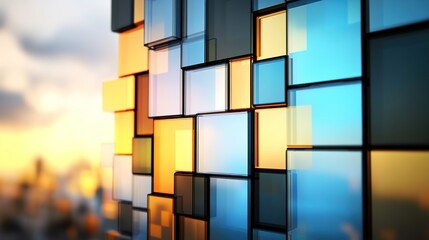 Fototapeta premium Colorful Abstract Background with Geometric Glass Shapes in Blue and Orange Tones Creating a Modern and Vibrant Visual Effect for Design Projects