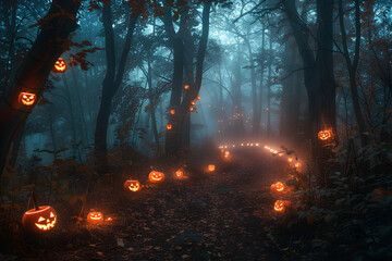 A misty forest path adorned with glowing jack-o'-lanterns, evoking a Halloween atmosphere.