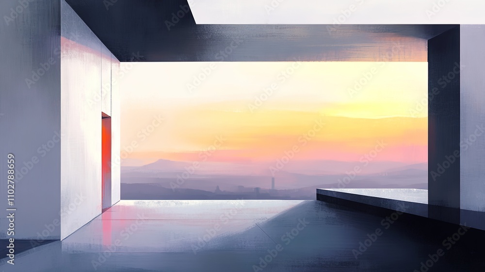 Poster abstract modern architecture with scenic view at sunset, highlighting clean lines and minimalistic d