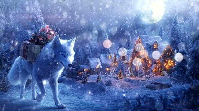 A white wolf with blue eyes with snowy in moonlight. seamless looping time-lapse virtual 4k video animation background