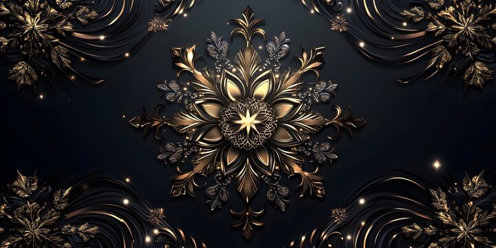 Christmas banner with luxurious patterns and metallic accents, central area in matte black for elegant text placement