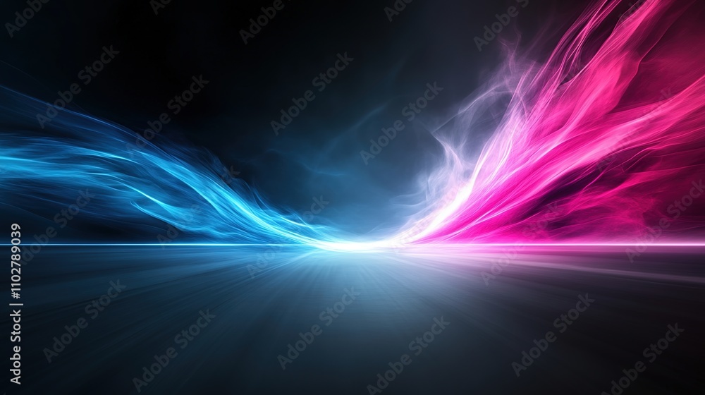 Poster vibrant abstract smoke effects in blue and pink colors creating a dynamic flow against a dark backgr