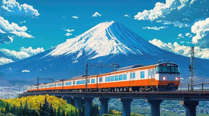 mount fuji, train, bright, anime, sky, 