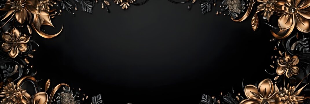 Christmas banner with luxurious patterns and metallic accents, central area in matte black for elegant text placement