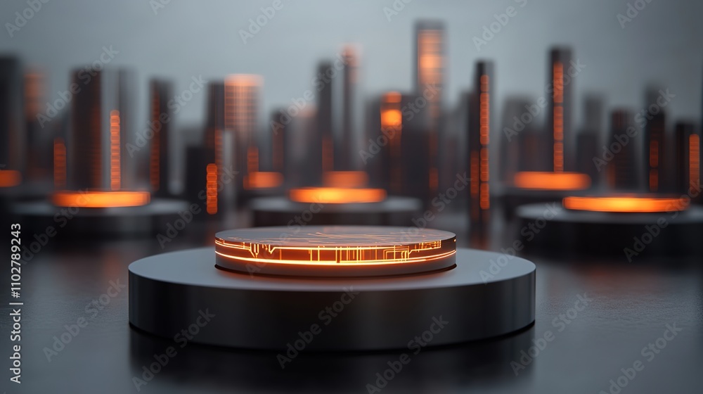 Poster futuristic cityscape with glowing platforms and abstract structures, highlighting technology and inn