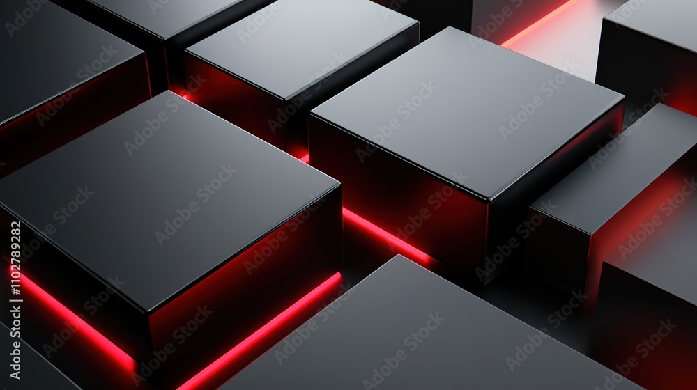 Poster abstract black blocks with neon red light glow for modern design and technology backgrounds in creat