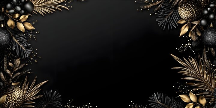 Christmas banner with luxurious patterns and metallic accents, central area in matte black for elegant text placement