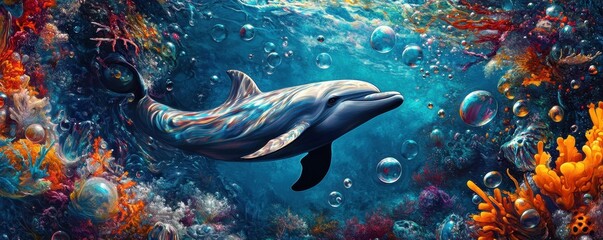Fototapeta premium Surreal Dolphin Swimming Through Vibrant Underwater World