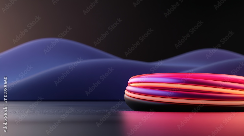 Poster abstract composition of colorful curved shapes in a dimly lit environment with soft background waves