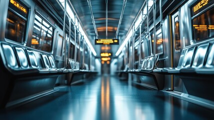 A deserted subway train interior showcasing sleek metal benches and illuminated signs.