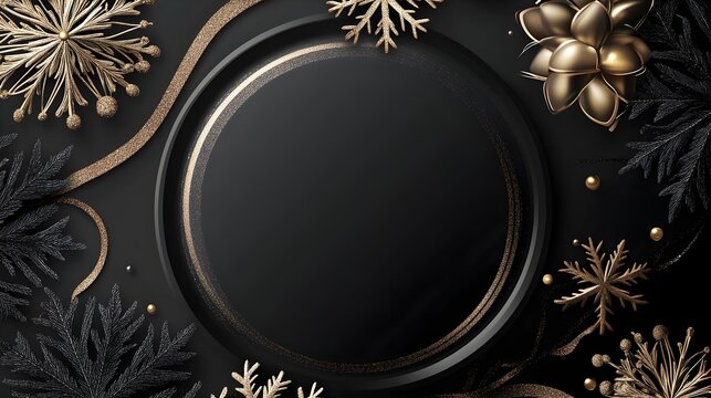 Christmas banner with luxurious patterns and metallic accents, central area in matte black for elegant text placement