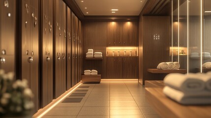 Fototapeta premium Luxurious Spa Locker Room: Tranquil Wooden Interior Design