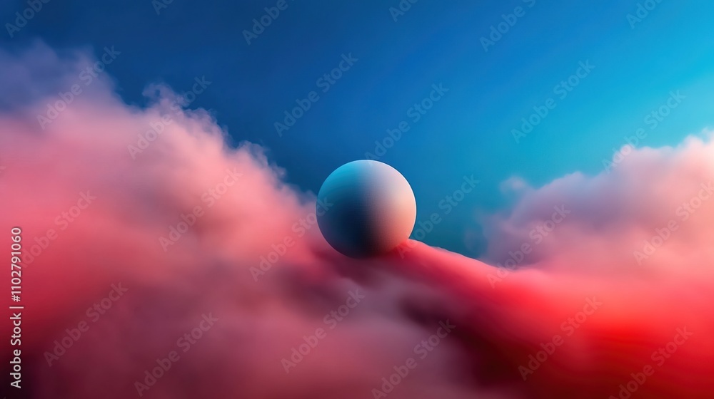 Poster ethereal blue and pink sphere floating above colorful clouds in a dreamlike atmosphere capturing ima